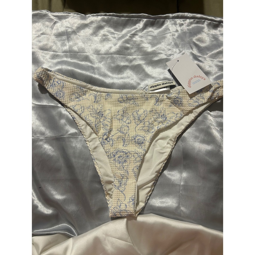 Dippin Daisies Women XL Blue Floral Toile Waffle Knit Bikini Bottom Cottagecore